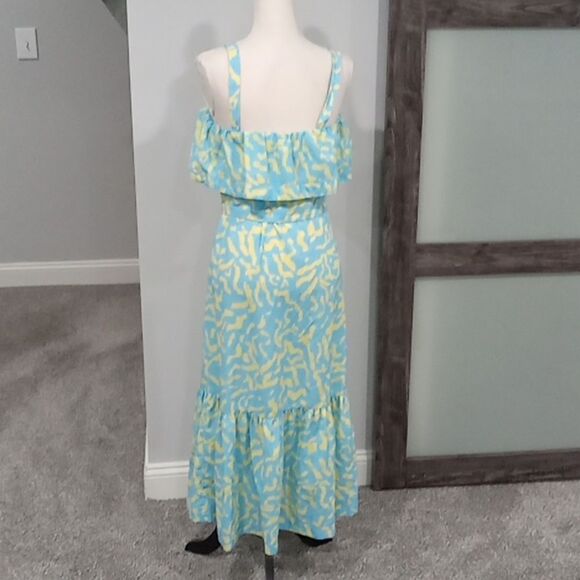 Derek Lam Collective  RTR blue & yellow Scribble Tie Tiered Midi Dress size 42/6 - Picture 6 of 6